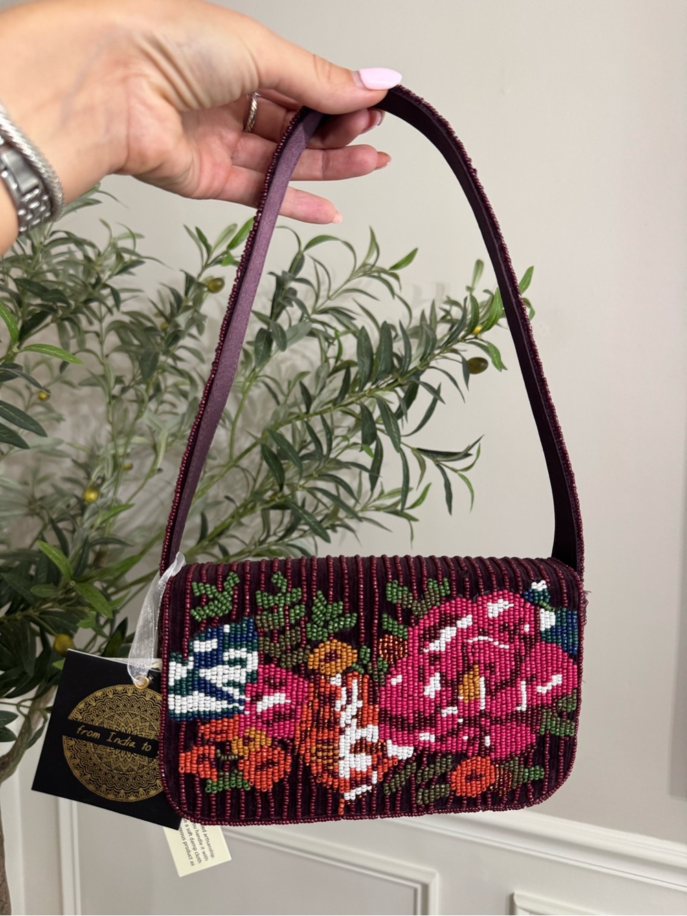 Made in India Burgundy beaded handbag with pixel floral design